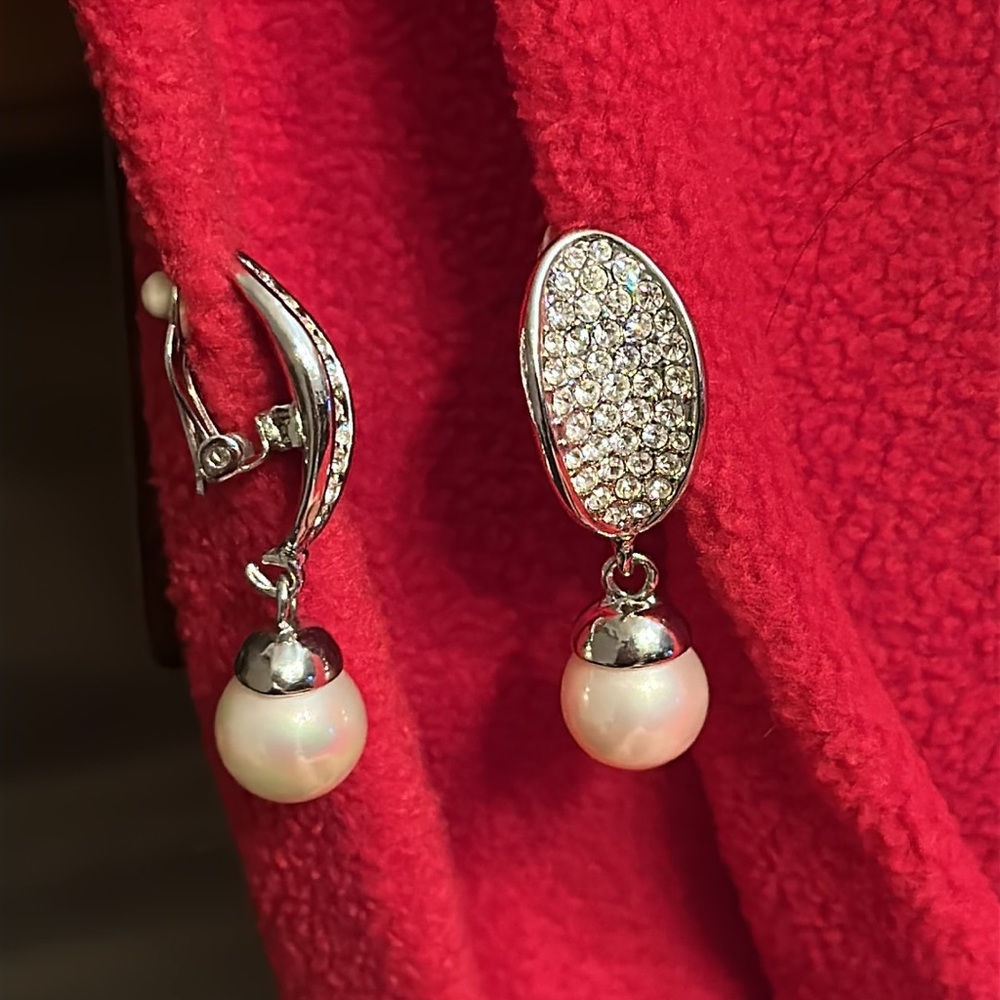 Elegant and Sparkle Pave Crystal and Faux Pearl Silver Clip On Drop Earrings - Picture 3 of 6